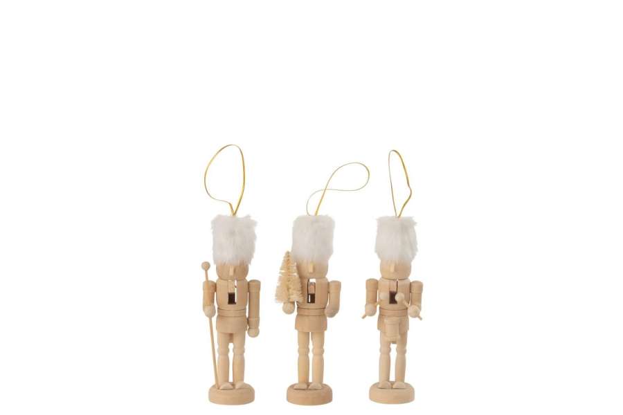 BOX OF 3 HANGERS NUTCRACKERS WOOD/FUR NATURAL/WHITE