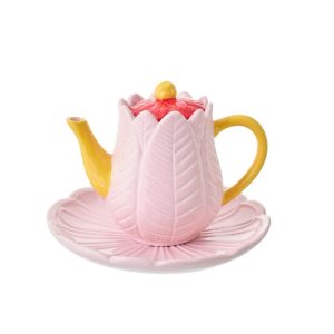 TEAPOT PLATE FLOWER PORCELAIN DARK RED/WARM YELLOW