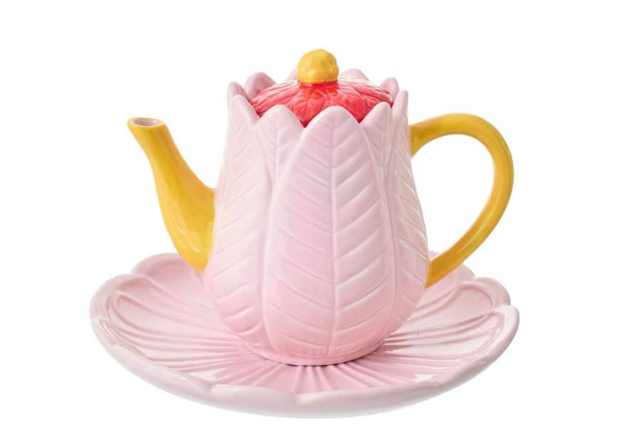 TEAPOT PLATE FLOWER PORCELAIN DARK RED/WARM YELLOW