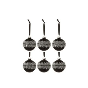 BOX OF 6 CHRISTMAS BAUBLES SUGAR MIDDLE DIAMONDS LINE GLASS MATTE BLACK SMALL