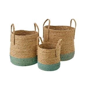 SET OF 3 BASKET WITH HANDLES RUSH NATURAL/GREY-GREEN