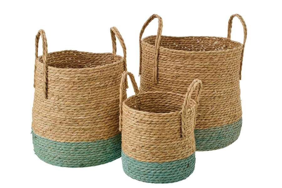 SET OF 3 BASKET WITH HANDLES RUSH NATURAL/GREY-GREEN