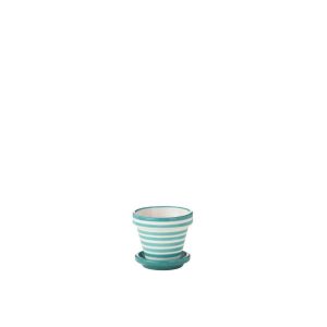 FLOWERPOT+PLATE GRANADA STRIPES HANDMADE/HANDPAINTED CERAMIC AQUA/WHITE EXTRA SMALL
