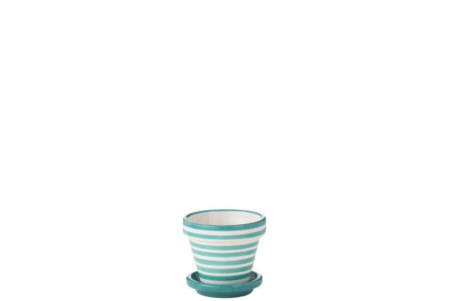 FLOWERPOT+PLATE GRANADA STRIPES HANDMADE/HANDPAINTED CERAMIC AQUA/WHITE EXTRA SMALL