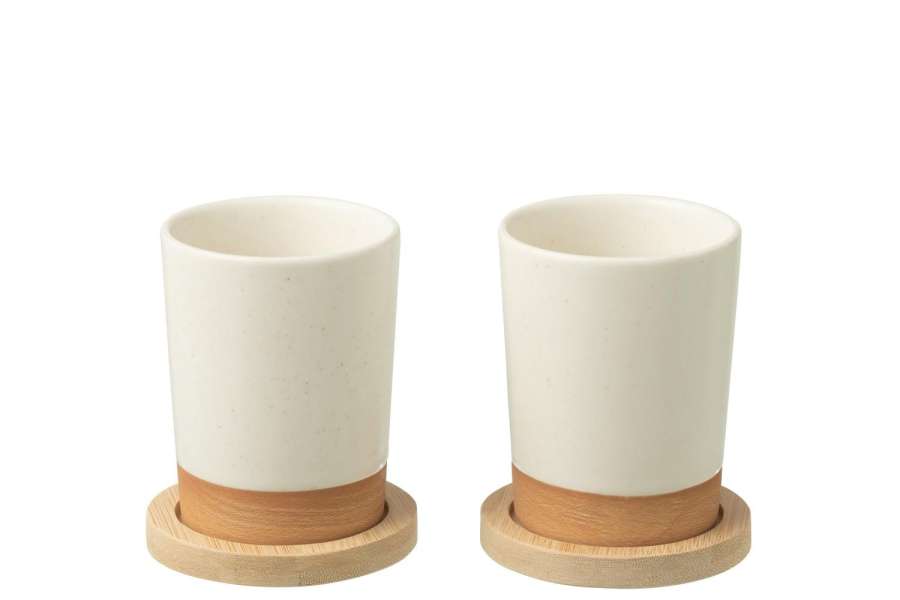 BOX OF 2  CUPS+BAMBOO BAS CERAMICS WHITE/NATURAL