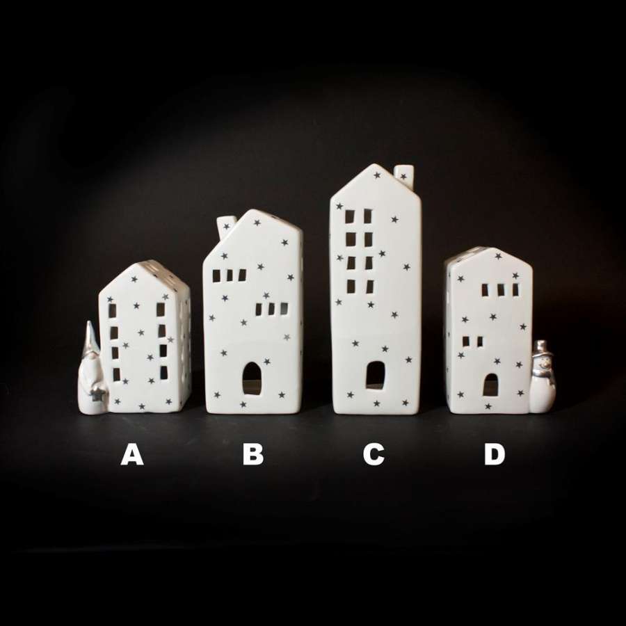 Hus For Lys Hvit/Sølv keramikk C Stor 25Cm