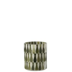 CANDLE HOLDER GLASS OLIVE/WHITE MEDIUM