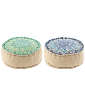 POUF ROUND FLOWER COTTON TURQUOISE/BLUE ASSORTMENT OF 2