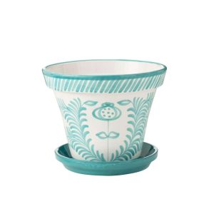 FLOWERPOT+PLATE GRANADA HANDMADE/HANDPAINTED CERAMIC AQUA/WHITE EXTRA LARGE