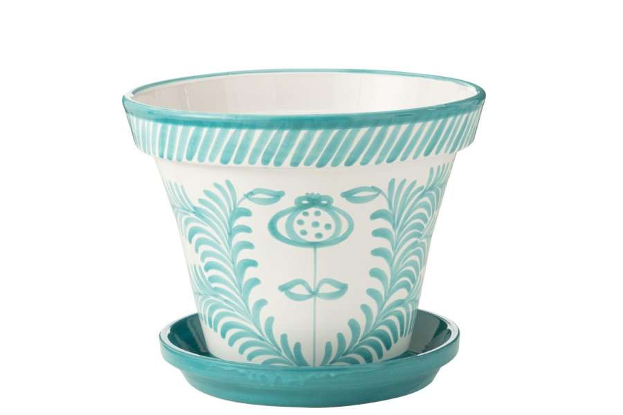 FLOWERPOT+PLATE GRANADA HANDMADE/HANDPAINTED CERAMIC AQUA/WHITE EXTRA LARGE