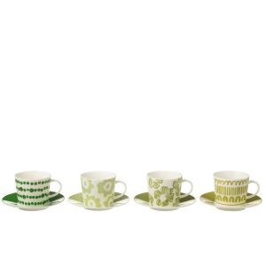 SET OF 4 TEA CUP+SAUCER IN WINDOWBOX CERAMIC GREEN LARGE