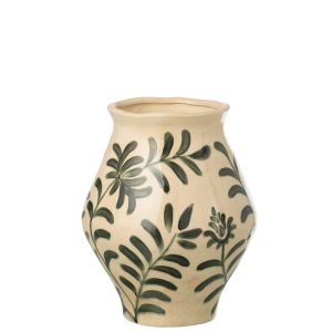 VASE LEAF STONEWARE DARK GREEN/OFF-WHITE LARGE