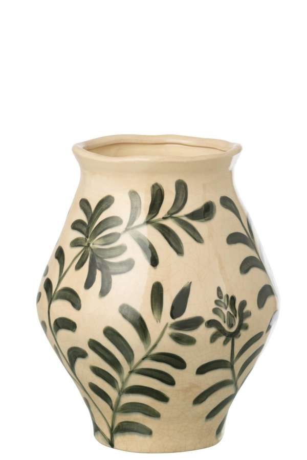 VASE LEAF STONEWARE DARK GREEN/OFF-WHITE LARGE