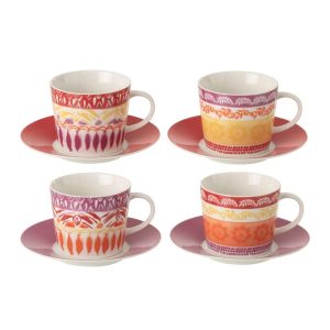 BOX OF 4 COFFEE CUP  +  SAUCER CERAMIC PURPLE/RED LARGE