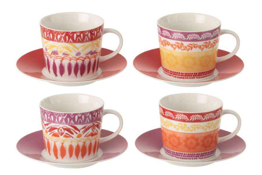 BOX OF 4 COFFEE CUP  +  SAUCER CERAMIC PURPLE/RED LARGE