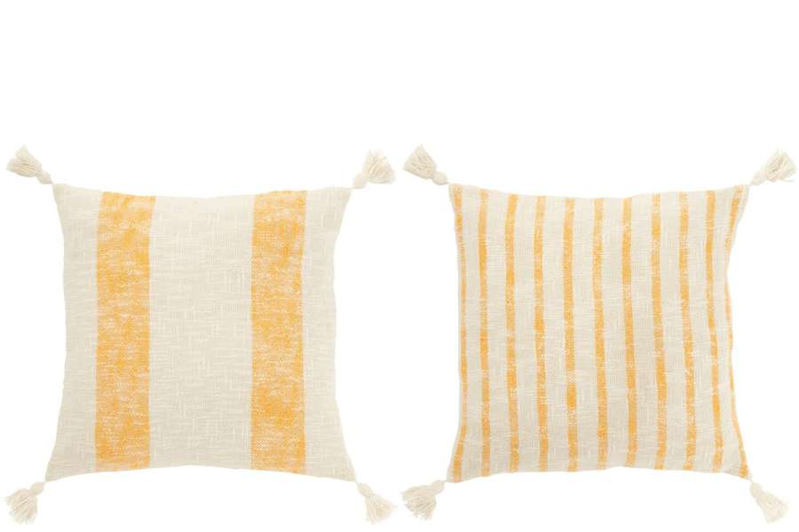 CUSHION SQUARE STRIPES+TASSELS COTTON WHITE/ORANGE ASSORTMENT OF 2