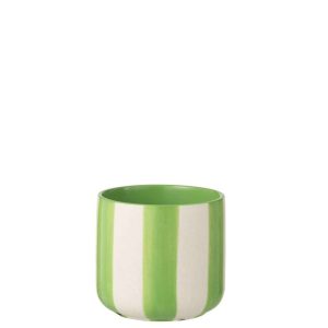 FLOWERPOT STRIPED CERAMIC GREEN/WHITE MEDIUM