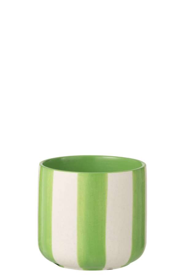 FLOWERPOT STRIPED CERAMIC GREEN/WHITE MEDIUM