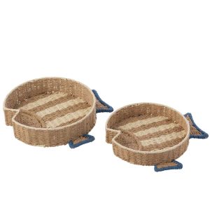 SET OF 2 DECORATIVE TRAY FISH STRIPED PAPER NATURAL/BLUE