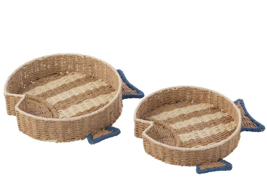 SET OF 2 DECORATIVE TRAY FISH STRIPED PAPER NATURAL/BLUE