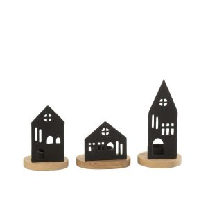 CANDLEHOLDER HOUSE ALUMINIUM/WOOD BLACK/NATURAL ASSORTMENT OF 3