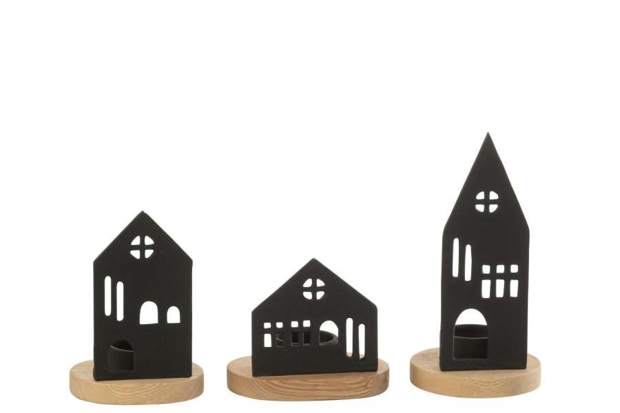 CANDLEHOLDER HOUSE ALUMINIUM/WOOD BLACK/NATURAL ASSORTMENT OF 3