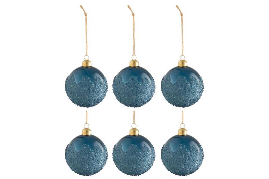BOX OF 6 CHRISTMAS BAUBLES SUGAR GLASS MATTE BLUE SMALL