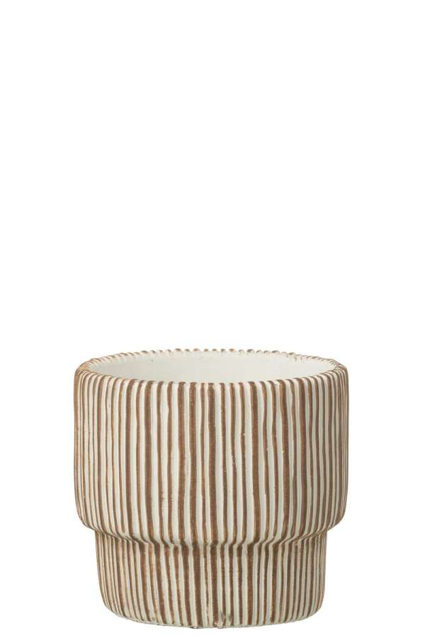 FLOWERPOT ROUND STRIPED CEMENT WHITE/DARK BROWN MEDIUM