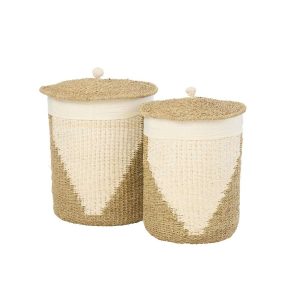 SET OF 2 BASKET +  LID PAPER WHITE/NATURAL