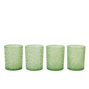 TEALIGHT HOLDER ANIMAL PRINT GLASS GREEN LARGE ASSORTMENT OF 4