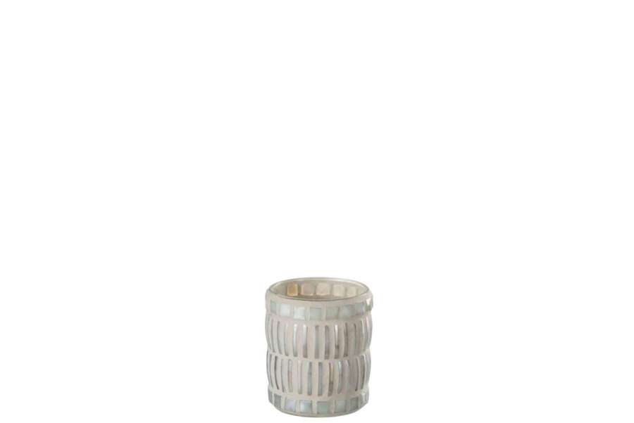 CANDLE HOLDER MOSAIC ROUND GLASS/CEMENT NACRE/GREY SMALL