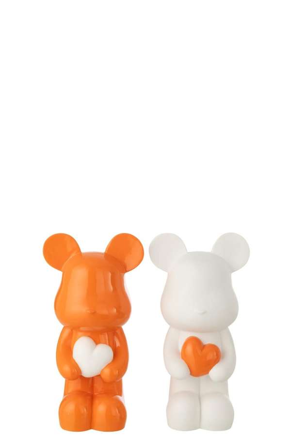 BEAR HEART POLYRESIN WHITE/DARK ORANGE SMALL ASSORTMENT OF 2