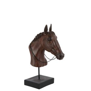 HORSE HEAD ON STAND POLYRESIN DARK BROWN LARGE