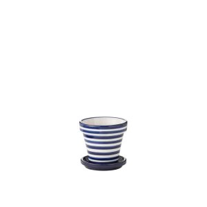 FLOWERPOT+PLATE GRANADA STRIPES HANDMADE/HANDPAINTED CERAMIC COBALTO BLUE/WHITE SMALL