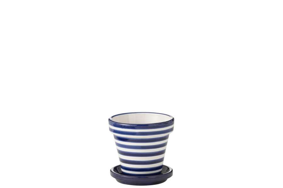FLOWERPOT+PLATE GRANADA STRIPES HANDMADE/HANDPAINTED CERAMIC COBALTO BLUE/WHITE SMALL