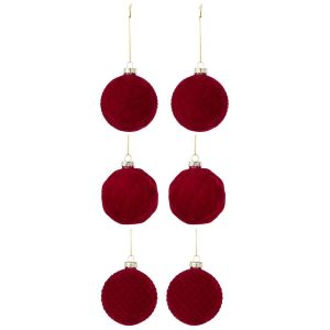 BOX OF 6 CHRISTMAS BAUBLE 2+2+2 VELVET RED SMALL