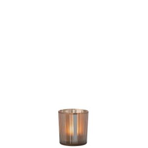 TEALICHT HOLDER STRIPES GLASS MAT BROWN/WHITE SMALL