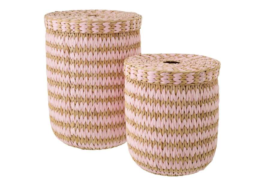 SET OF 2 BASKET WITH LID STRIPED RUSH NATURAL/LIGHT PINK