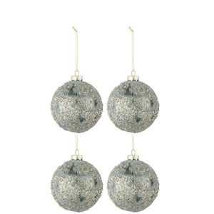 BOX OF 4 CHRISTMAS BAUBLES FINE STONES GLASS GREY/GREEN MEDIUM