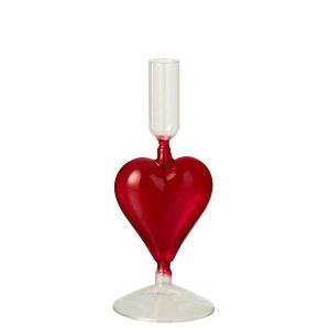 CANDLE HOLDER HEART GLASS TRANSPARENT/RED