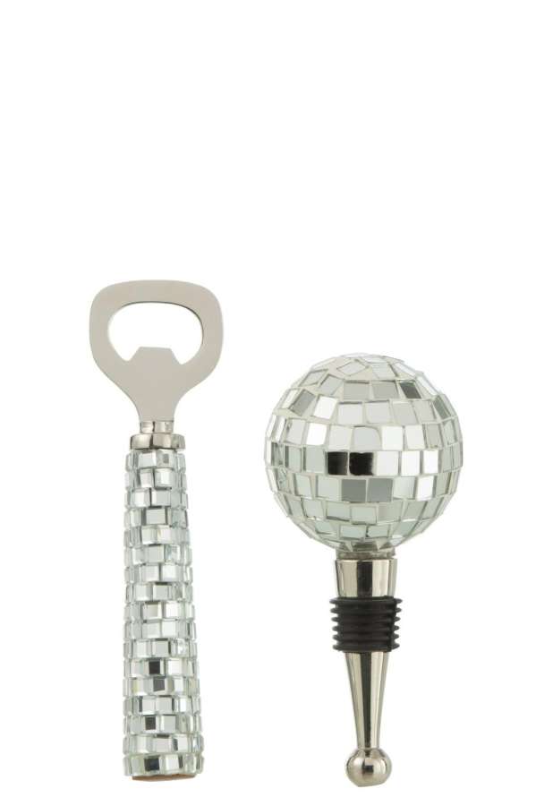 BOTTLE OPENER + BOTTLE STOPPER MOSAIC GLASS SILVER COLORED