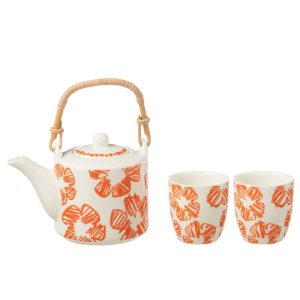 SET OF 3 TEA POT SET FLOWER IN WINDOWBOX CERAMIC ORANGE