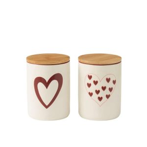 STORAGE JAR HEARTS PORCELAINE WHITE/RED SMALL ASSORTMENT OF 2