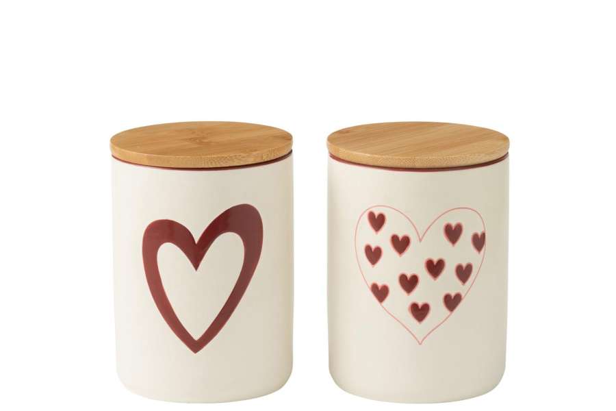 STORAGE JAR HEARTS PORCELAINE WHITE/RED SMALL ASSORTMENT OF 2