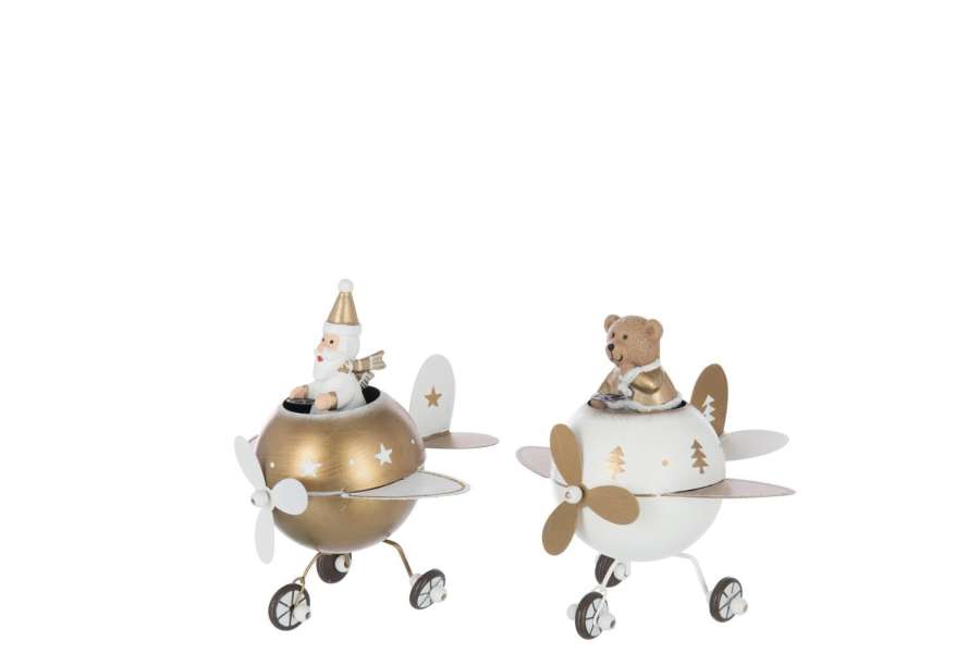 BEAR + SANTA CLAUS IN PLANE METAL WHITE/GOLD COLORED LARGE ASSORTMENT OF 2