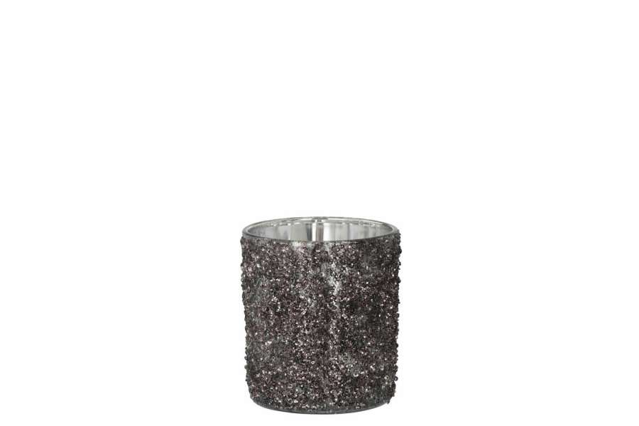 TEALIGHT HOLDER GLITTER GLASS ANTHRACITE GREY MEDIUM