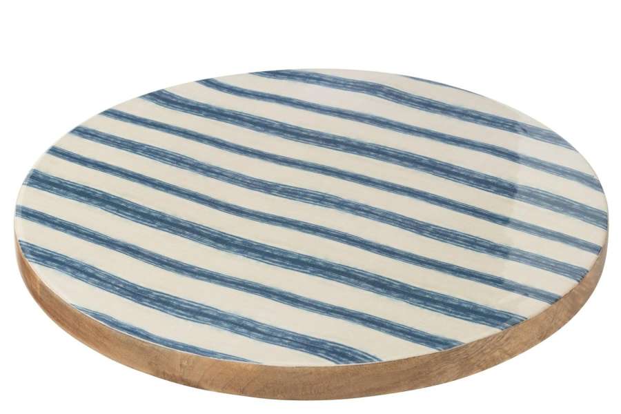 TRAY TURNING ROUND STRIPES MANGO WOOD BLUE/WHITE