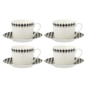 BOX OF 4 COFFEE CUP  +  SAUCER PIED-DE-POULE PORCELAIN WHITE/BLACK