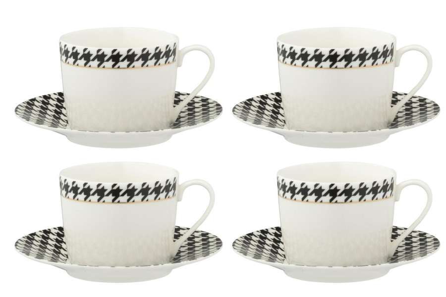 BOX OF 4 COFFEE CUP  +  SAUCER PIED-DE-POULE PORCELAIN WHITE/BLACK