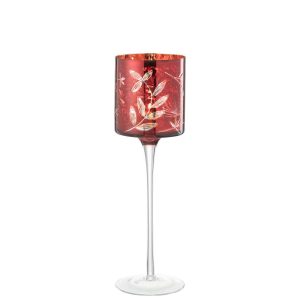 TEALICHT HOLDER ON FOOT LEAVES GLASS RED/ANTIQUE GOLD LARGE